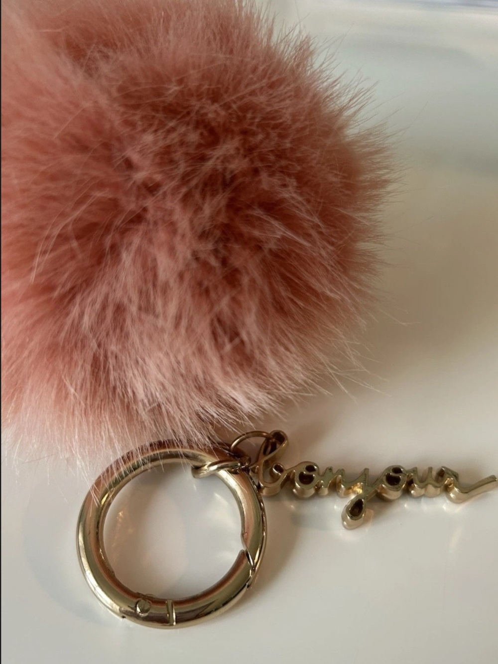 Anthropologie Fluffy Pom Pom Keychain in Blush. Medium. Bonjour Charm Gold Toned